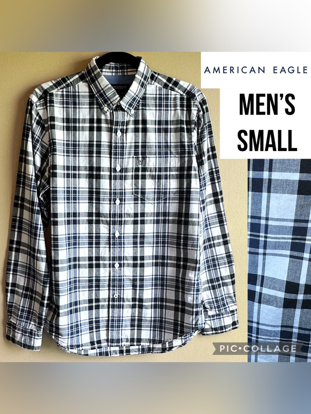 American Eagle Men’s Shirt Blue White Athletic Plaid Button Down Long Sleeve S
